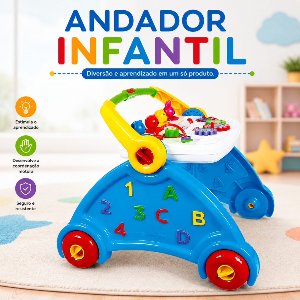 Andador Didático Atividades Com Som Animais Brinquedos 4 em 1 Alfabeto Abc