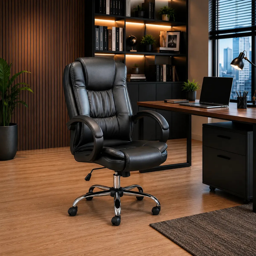 Cadeira Presidente Executiva Ergonômica Couro PU Sistema Relax Lombar Giratória Escritório