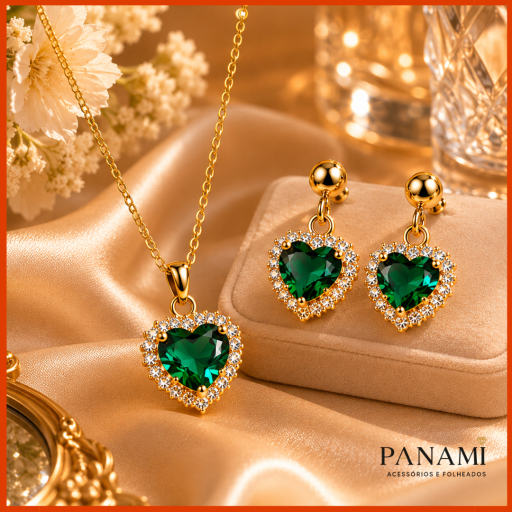 Conjunto Colar e Brincos Coração verde esmeralda com Zircônia Dourado Feminino Elegante Luxo