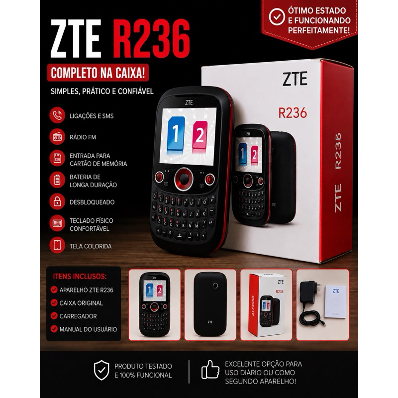 Celular ZTE R236 Básico Dual Chip –  Nunca Usado!