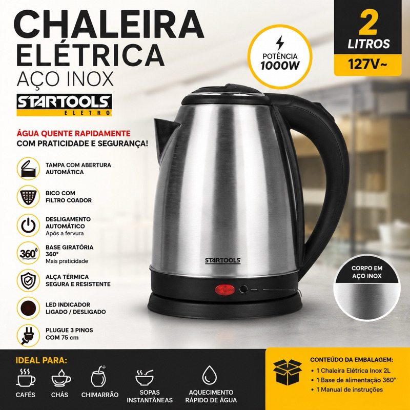 Chaleira Elétrica 2L Startools - Aquecimento Rápido, Base Giratória e Segurança Automática