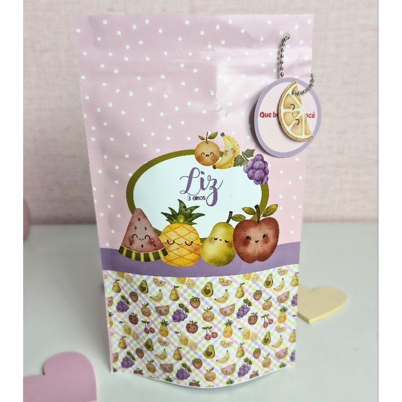 Kit 10 Saquinhos Zip Lock Personalizados Tema Frutinhas Lembrancinhas para Festa Aniversário Mêsversário