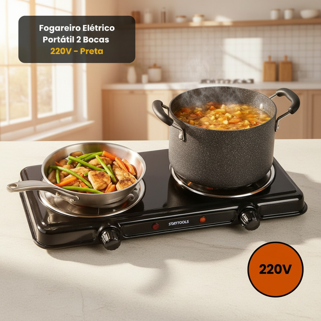 Fogareiro Portatil Eletrico 2 Bocas Cozinha Compacto Eficiente 220v Preto