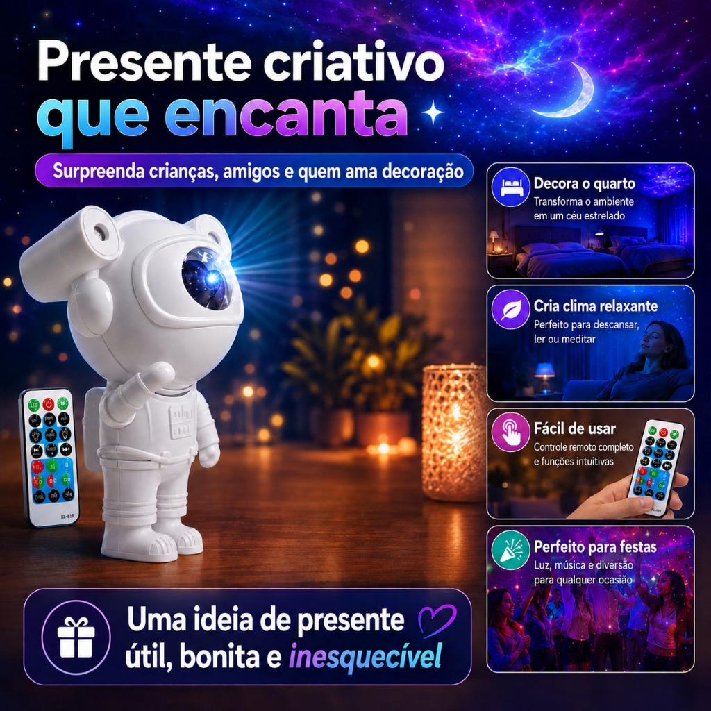 Projetor Astronauta Galáxia LED Luz Noturna com Bluetooth Controle Remoto 84 Efeitos para Quarto Festa Presente