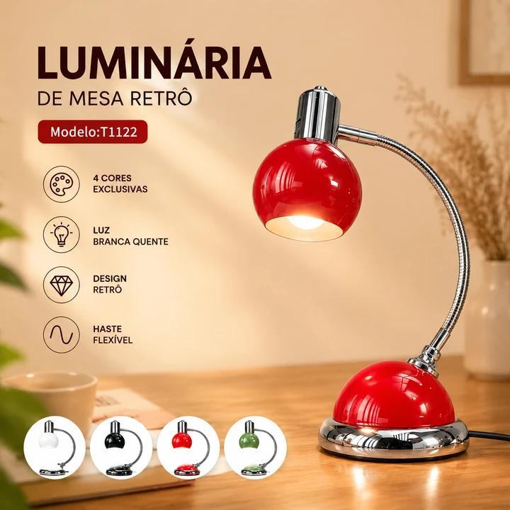 Luminária de Mesa Retrô LED 5.5W Bivolt Haste Flexível 3 Cores de Luz Leitura Decoração Abajur Vintage Escritório Quarto