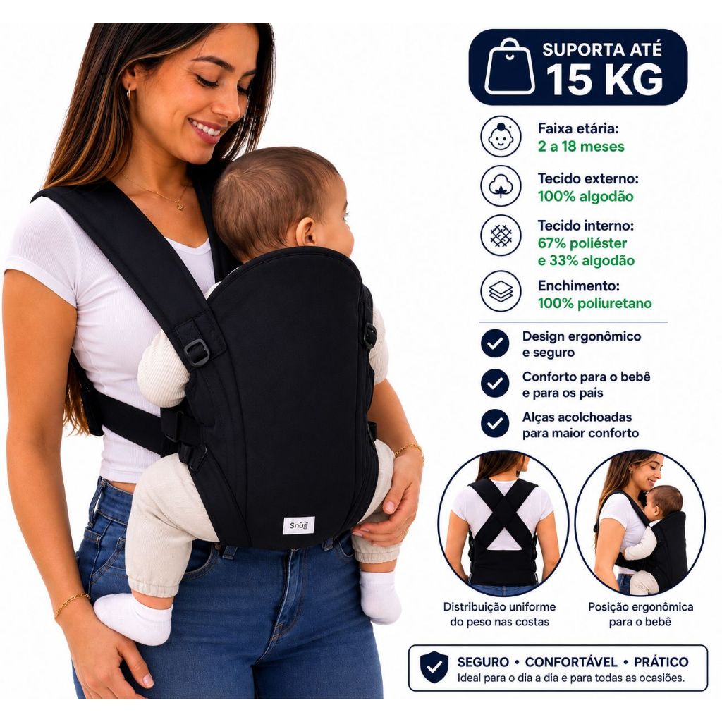 Canguru Bebê Passeio Click, para bebês de 2 a 18 meses, permite bebe de frente e de costas