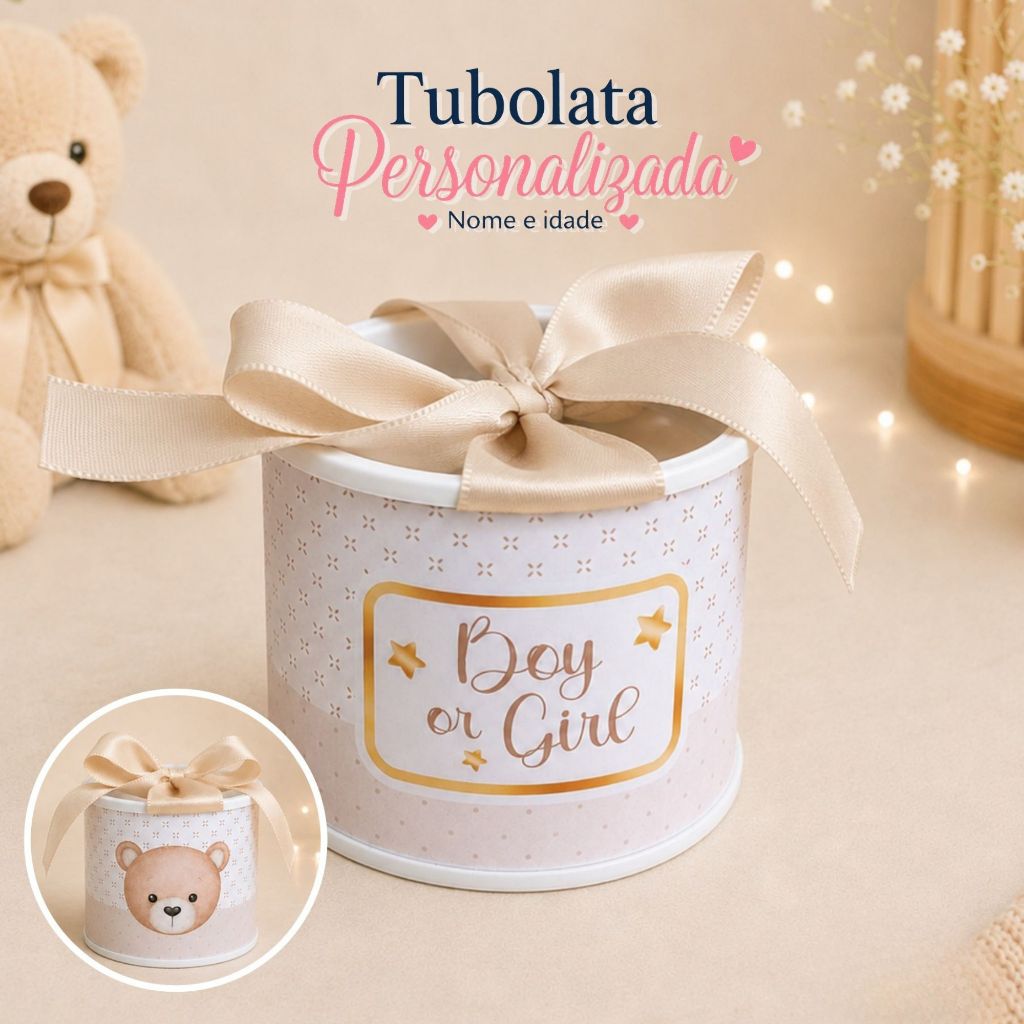 KIT TUBOLATA PERSONALIZADA 5X6-CHÁ REVELAÇÃO-URSINHO DOURADO--CHÁ DE BEBE-MATERNIDADE-ANIVERSÁRIO