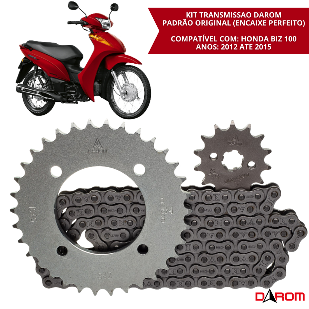 Kit Relação Transmissão Honda Biz 100 2012 2013 2014 2015 Corrente Coroa Pinhão Darom