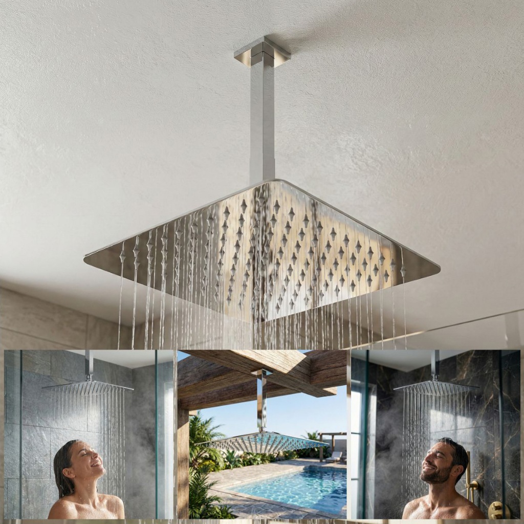 Chuveiro 30x30 Preto Inox Quadrado Teto Banheiro Area Externa
