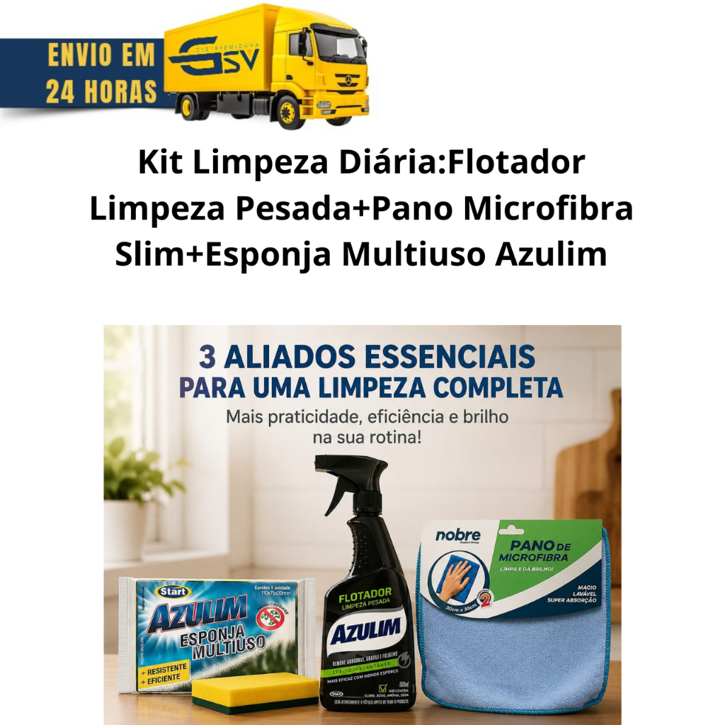 Kit Limpeza : Flotador Limpeza Pesada+ Esponja Multiuso Azulim+Pano Microfibra Slim Nobre 30x30 Cm