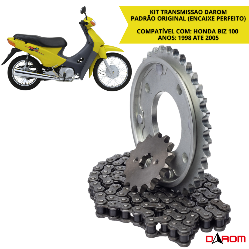 Kit Relação Transmissão Darom Honda Biz 100 1998 1999 2000 2001 2002 2003 2004 2005 Corrente Coroa Pinhão