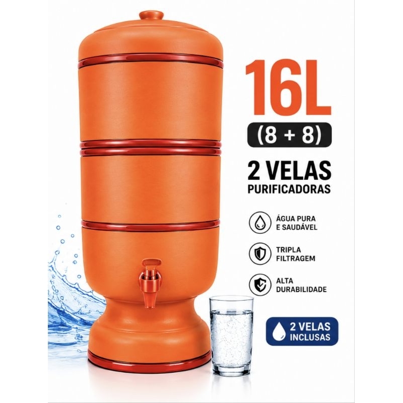 Filtro de Barro 16L (8+8) 2 Velas Purificadoras Água Natural Fresca Inmetro