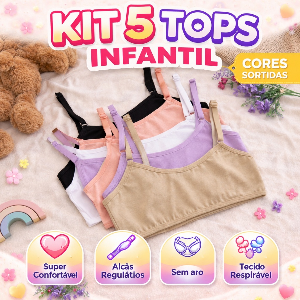 Kit 5 Sutiãs Infantil Juvenil Algodão Cotton Liso Alta Qualidade Conforto Dia a Dia Menina Moça
