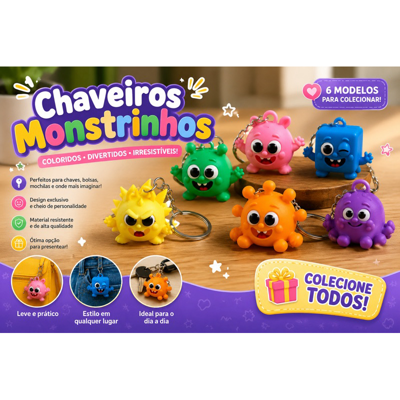 Chaveiro Monstrinho Colorido Impressão 3D | Kit 06 Unidades | Lembrancinha e Colecionável