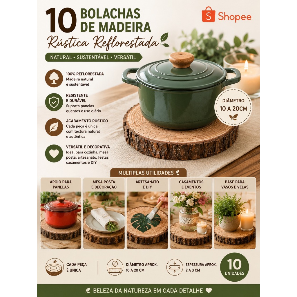 10 Bolachas de Madeira Natural Rústica Porta Panela Artesanato DIY