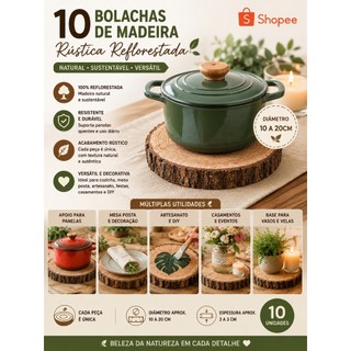 10 Bolachas de Madeira Natural Rústica Porta Panela Artesanato DIY
