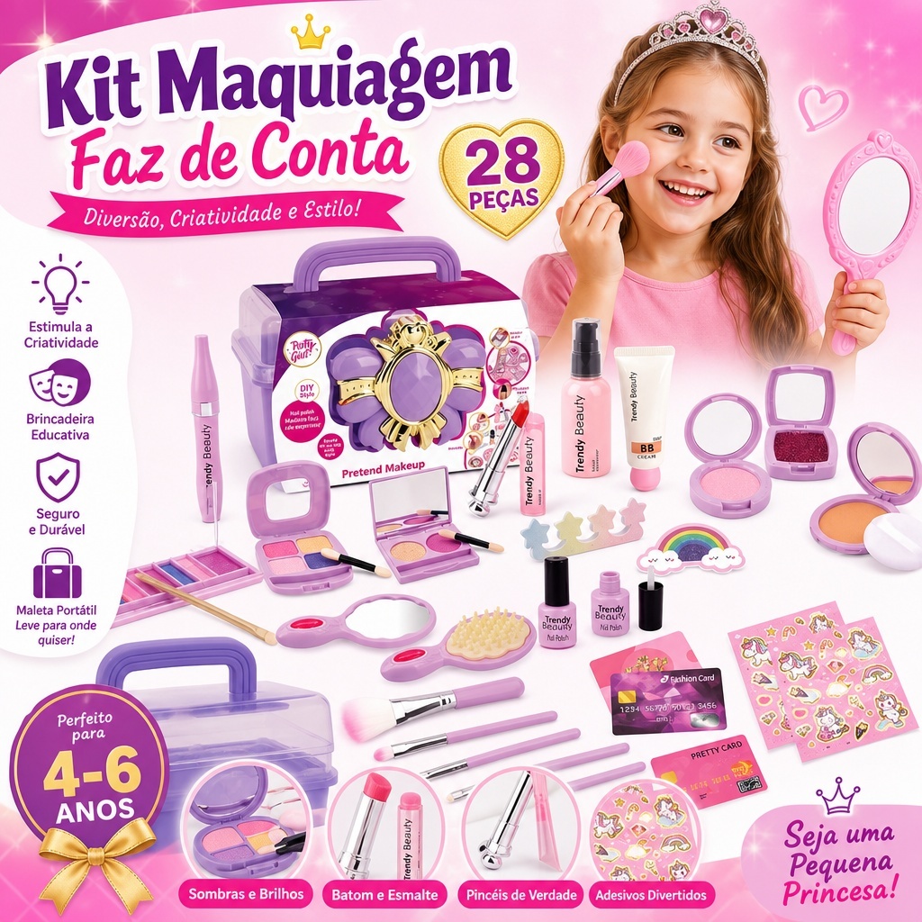 KIT Maquiagem Infantil Brinquedo Bolsa de Maquiagem para Crianças Kit Faz de Conta Meninas