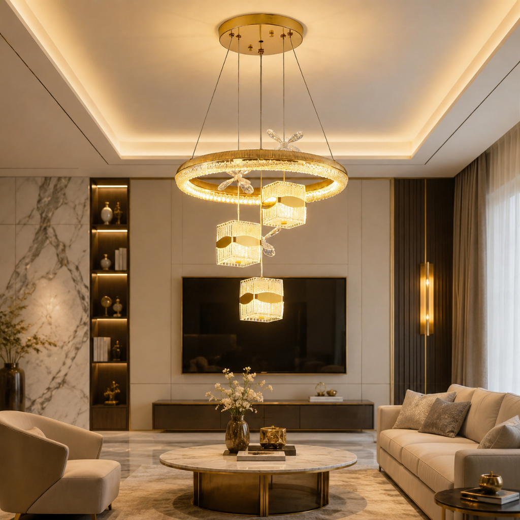 Lustre Moderno para Sala de Jantar e Quarto Cristal/Acrílico Bivolt 110V-220V LED 3 Cores com Controle Remoto
