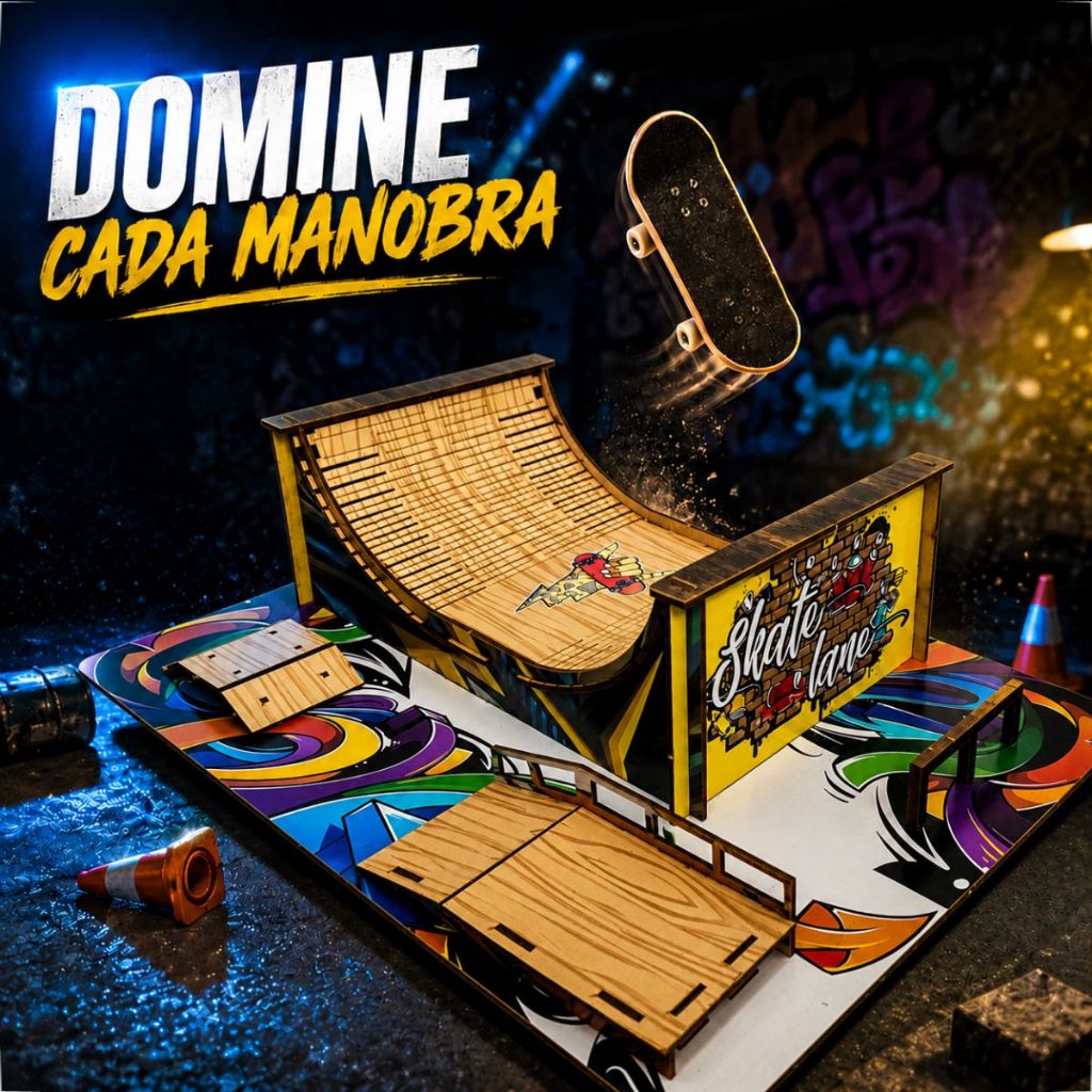 Pista Skate De Dedo Em Mdf Adesivado C/ Três Rampas Para Manobras
