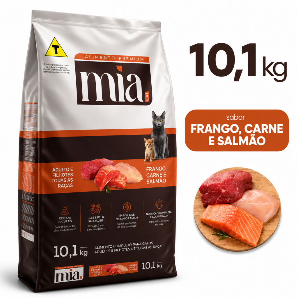 Ração Gato MiaCat 10,1kg Todas As Raças Filhote e Adulto 27g Proteína Sem Corante