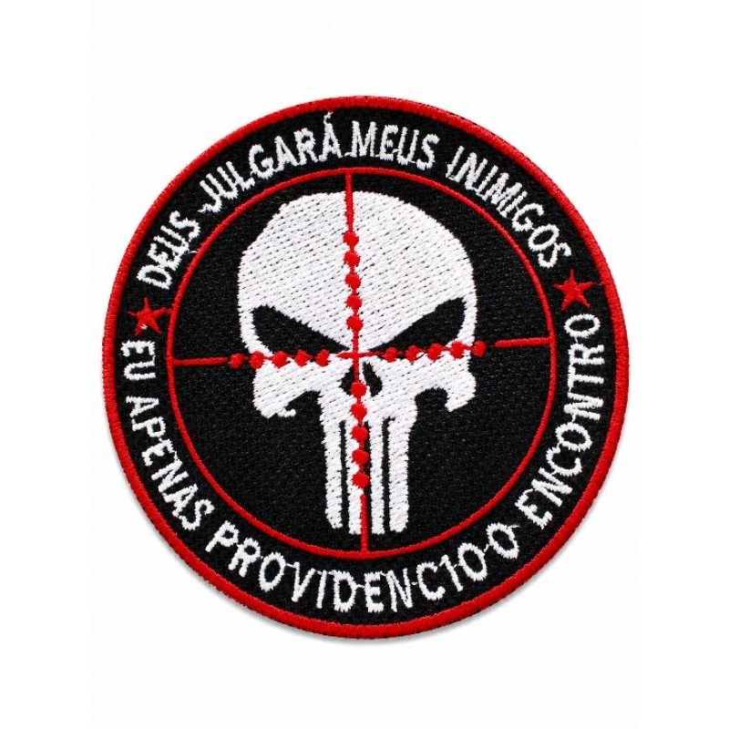 PATCH BORDADO CAVEIRA TÁTICA JUSTICEIRO COM VELCRO PATCH JUSTICEIRO DRUS JULGARÁ MEUS INIMIGOS PATCH BORDADO TÁTICO