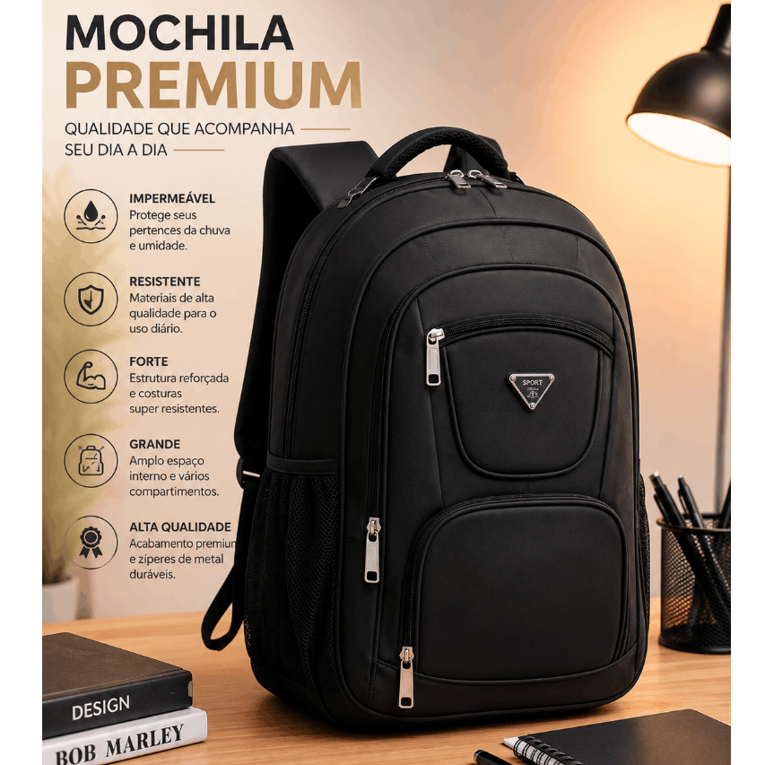 Bolsa Mochila Universitária Sport PRETA Notebook Masculino E feminino Reforçada Trabalho Presente