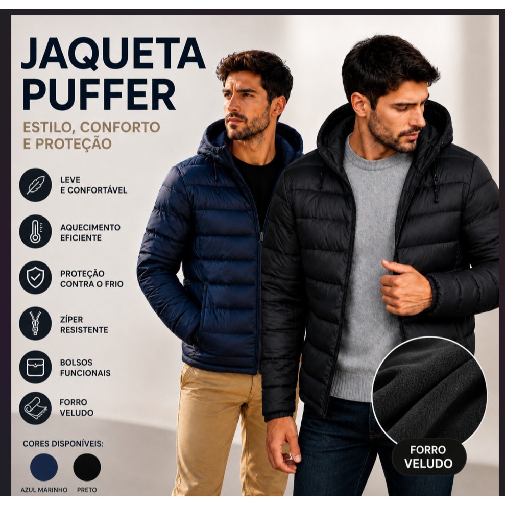 Jaqueta Puffer Forrado Quente Masculino Inverno AVELUDADA Neve Bobojaco Capuz Impermeável