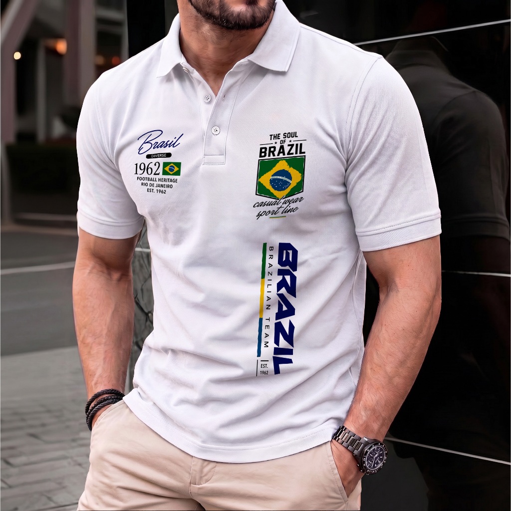 Camiseta Polo Masculina Brasil 1962 Estilo Street Wear Casual Confortável Plus Size