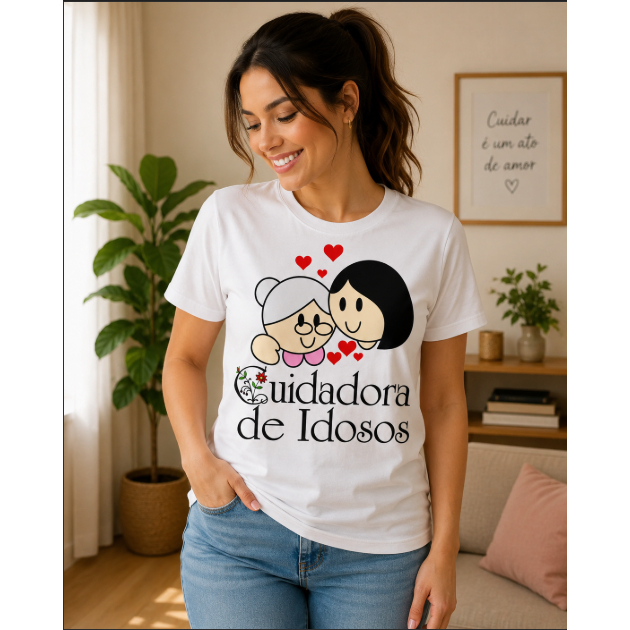 Detalhes do Camiseta Cuidadora de Idosos Cuidar com Amor Profissão Feminina Uniforme de Trabalho