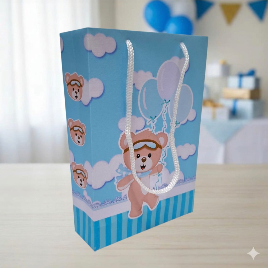 Sacolinha Sacola Personalizada para Festa Ursinho Baloeiro Azul - Sacolinha Surpresa OPÇÃO PEGUE E MONTE ou MONTADA