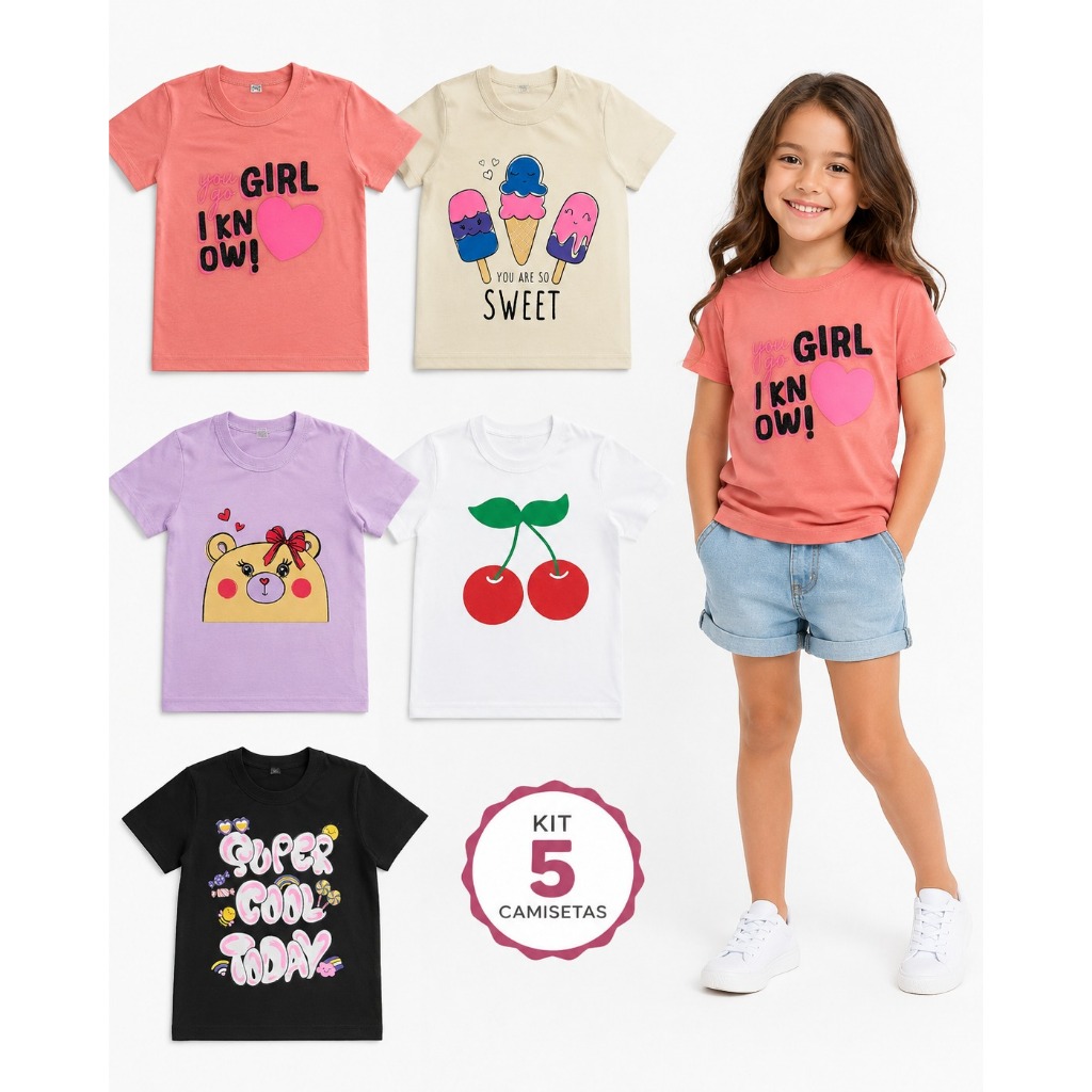 Kit 5 camisetas feminina infantil sortidas - kit de blusa de menina sortido