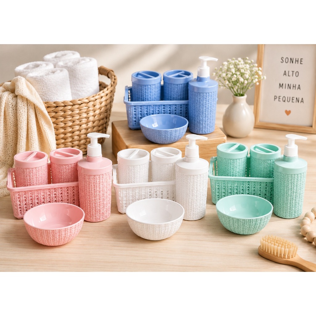 Kit Higiene Bebê 5 Peças Colorido Plástico Kit Quarto Bebê Organização Infantil Porta Algodão Cotonete Kit Bebe Plasútil