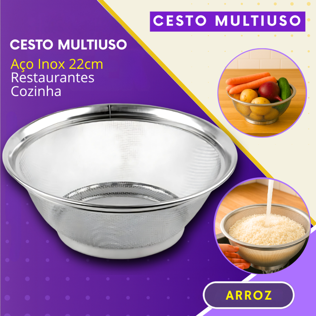 Cesta de Inox Multiuso Escorrer Arroz Macarrão Lavar Frutas Legumes Massa Cozinha