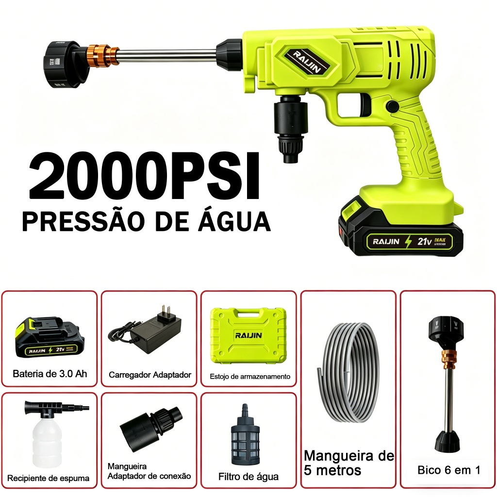 RAIJIN Pistola Lava Jato Sem Fio Recarregável, Lavadora Alta Pressão Portátil com Base de Carregamento