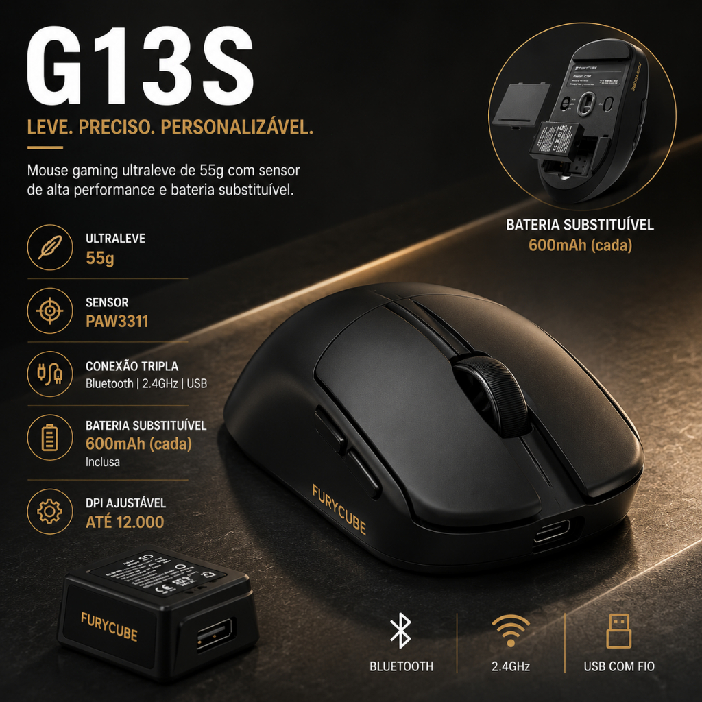 FURYCUBE G13S Mouse sem fio Gamer BT/2.4G/USB 55g PAW3311 22000DPI Software driver 300mah*2 notebook pc win mac