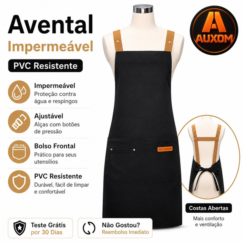 Avental Impermeável PVC Ajustável Unissex com Bolso para Cozinha Barista Restaurante Garçom AUXOM