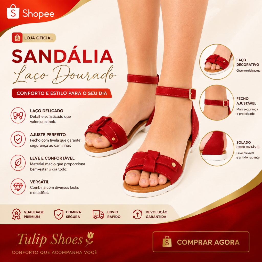 Sandália rasteirinha vermelha confortável com laço coração dourado fivela traseiro fechado moda feminina