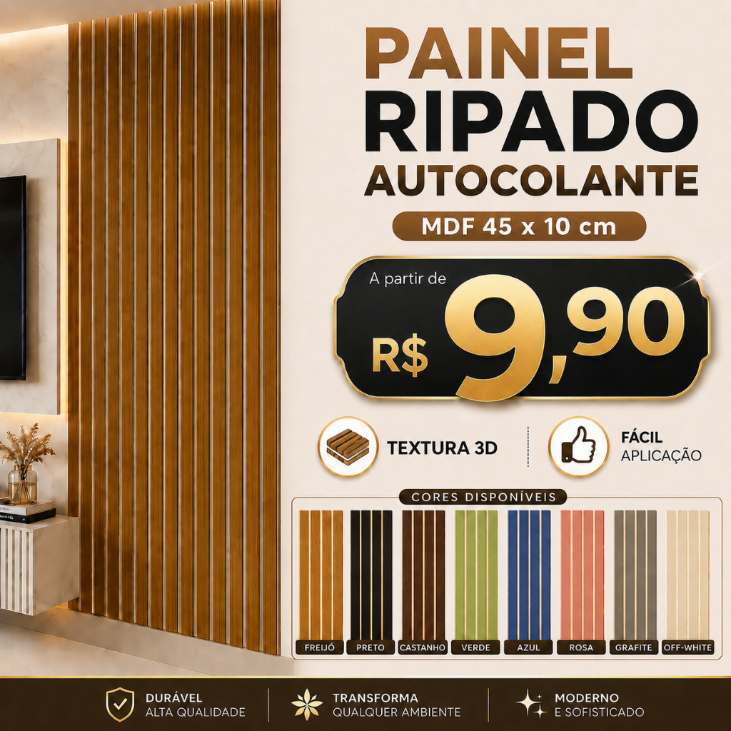 Kit Até 100 Placas Ripados Revestimento Painel Laminado 45x10cm Decoração Sala Casa Envio Imediato