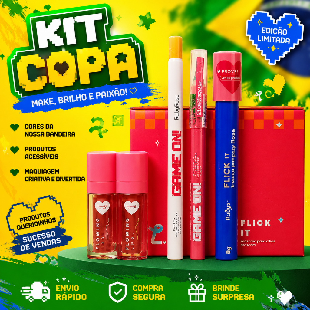 Kit Make Copa Ruby Rose Completo | Máscara Colorida + Delineador + Lápis para Olhos +  Lip Oils | Edição Especial
