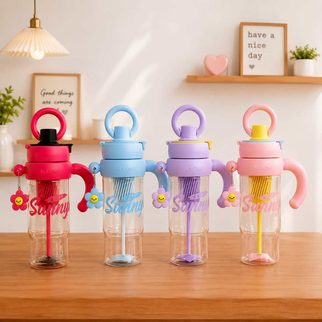 Garrafa de Água com Canudo de Silicone Grande 1200ml Filtro Garrafinha de Plástico com Chaveiro
