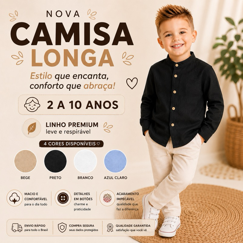 Camisa Infantil Menino GOLA PADRE MANGA LONGA Social linho PREMIUM leve | Caimento Perfeito