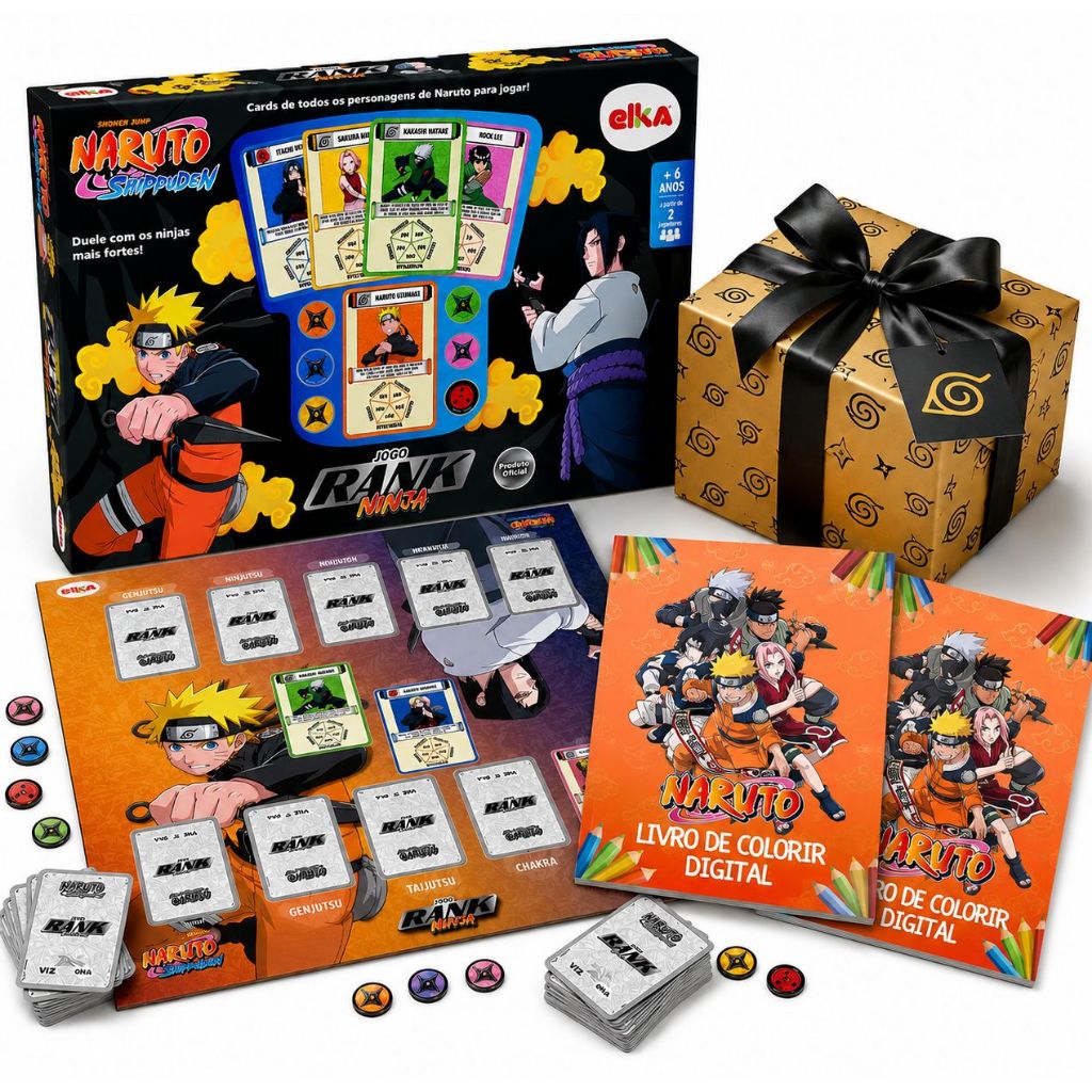 Jogo Naruto Rank Ninja Elka Kit Presente Brinquedos de Menino e Menina + 2 Revistas Para Colorir