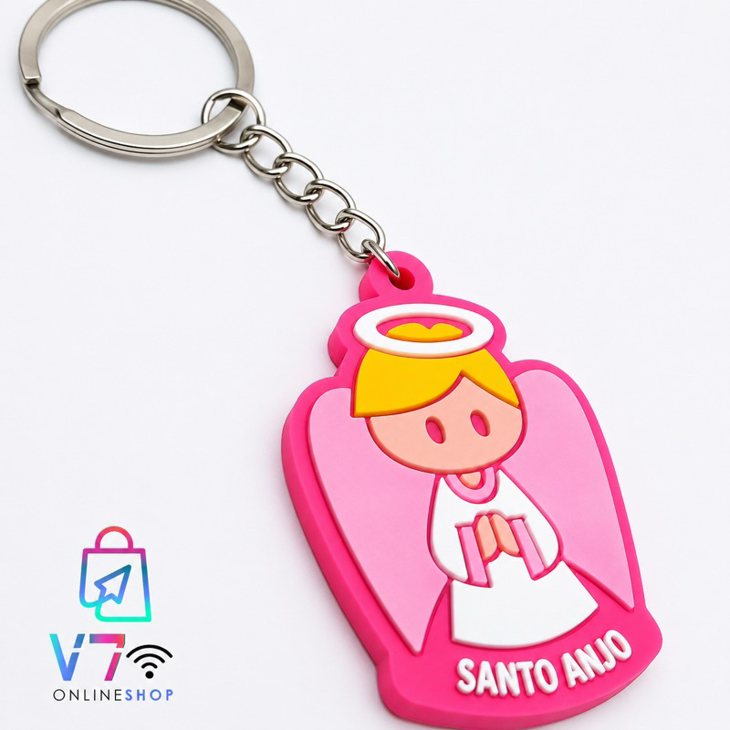 Kit 5 dúzias Chaveiro de Borracha Santo Anjo Rosa / Lembracinha / Infantil com oração/ Baby