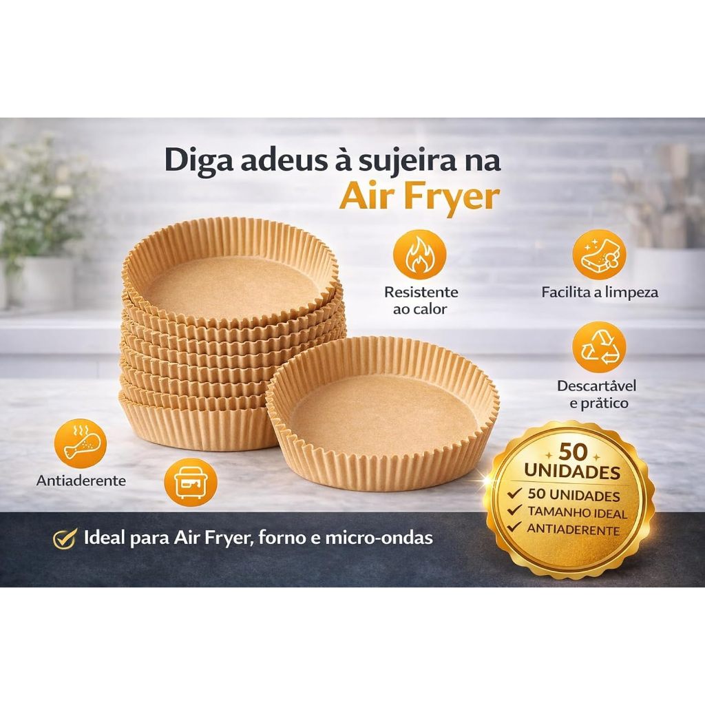 Papel para Air Fryer 20cm Redondo 50 Unidades | Forro Descartável Antiaderente para Cesto de Air Fryer | Papel Manteiga