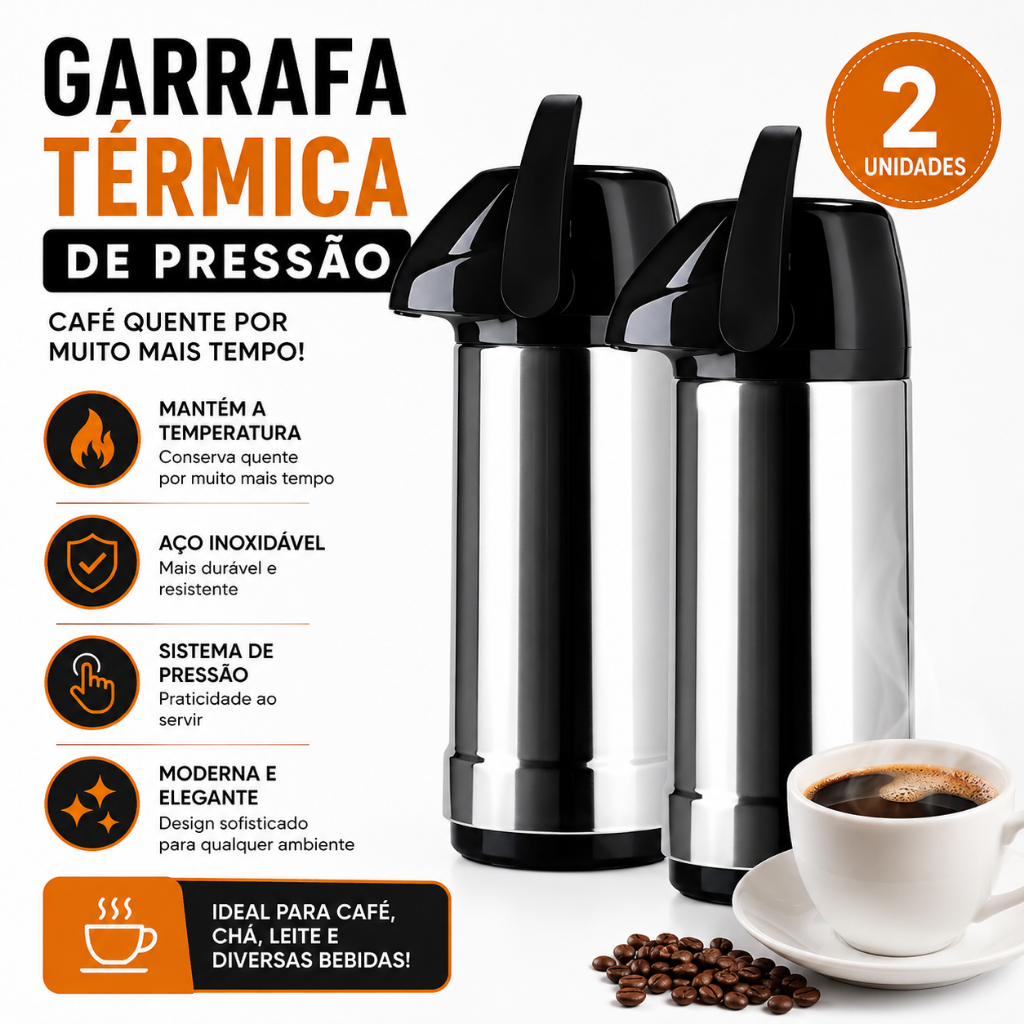 Garrafa Térmica De Café Airpot Metalizada 1Litro De Pressão Apertar Hotel Casa Conserva Por Horas