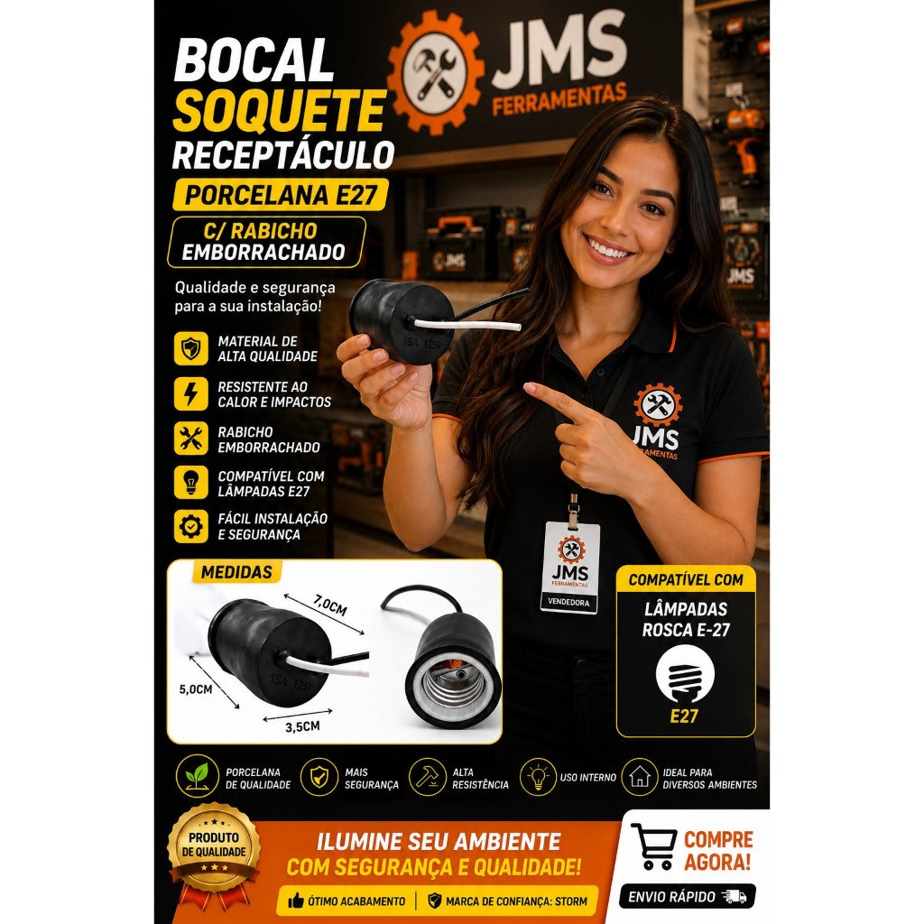 Bocal Soquete Receptáculo Porcelana E27 C Rabicho Emborrachado - Storm