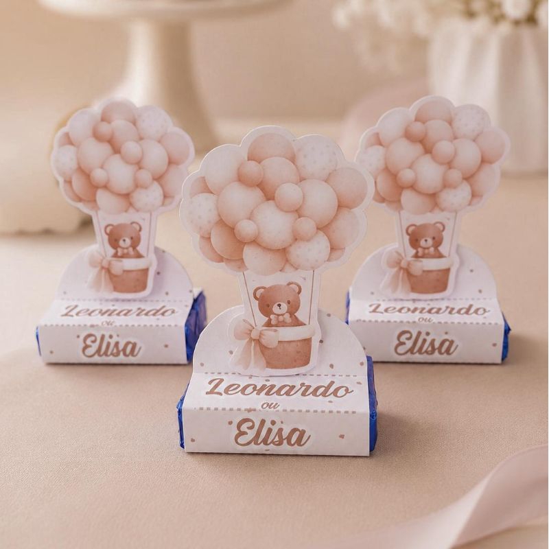 Kit Porta Bis Chá Revelação Ursinho Neutro Bege Balão - Lembrancinha para Chá Revelação Urso baloeiro Bege