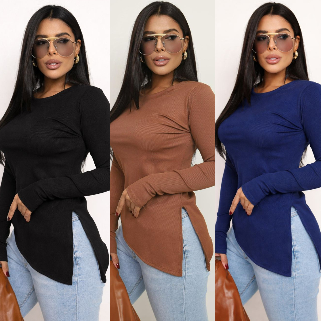 Blusa Manga Longa Assimetrica Com Fenda Lateral Estilosa Confortável Elegante Casual