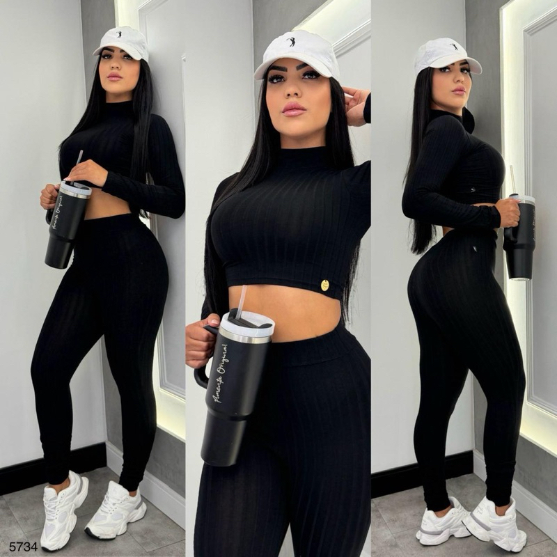 Conjunto  Pimenta Original Canelado Cropped Zíper + Calça
