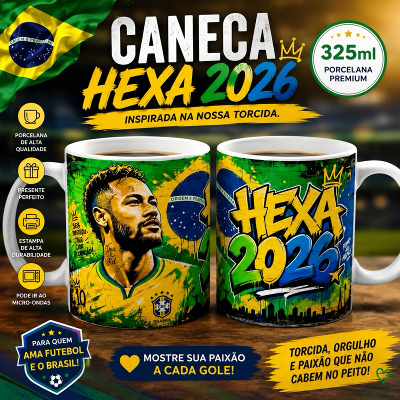Caneca Seleção Brasil Hexa 2026  | Caneca Temática Torcida Brasileira